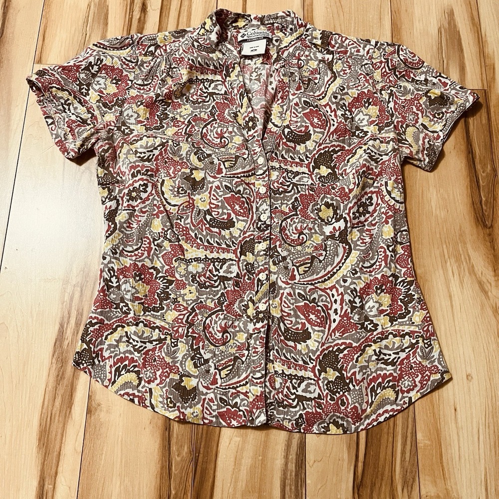 Columbia Shirt Womens Sz M Short Sleeve Button Up Beach Tropical Camp Brown, Red